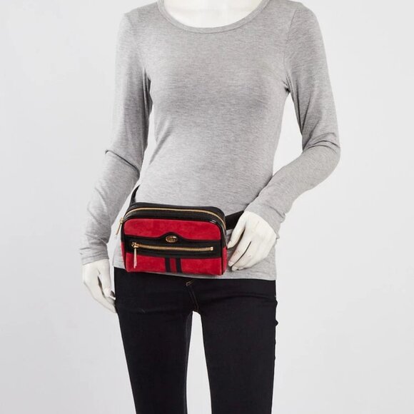 Gucci Red/Black Suede/Patent Leather Vintage Web Ophidia Small Belt Bag - Picture 2 of 12